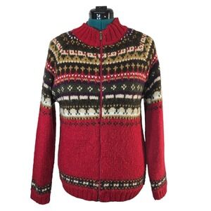 Tanjay Womens Fair Isle Zip Up Cardigan Sweater M Medium‎ Red Brown Knit